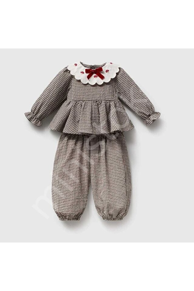 Tiny Mushroom Yakası Nakışlı Kız Bebek Bluz Balon Pantolon 2'li Takım