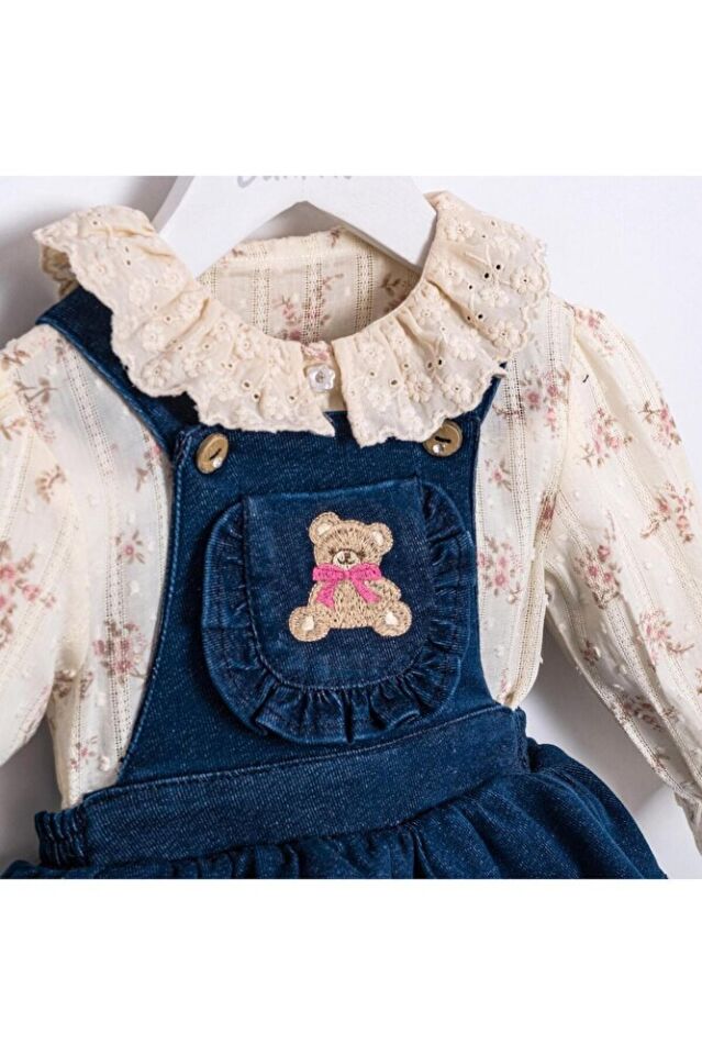 Pink Bear Esnek Kumaşlı Gömlekli Kız Bebek Salopet Takım