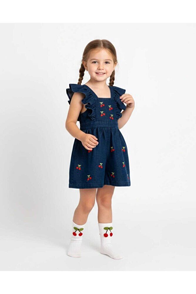 Cherry Sırtı Fiyonk Detaylı Kız Çocuk Jean Tulum