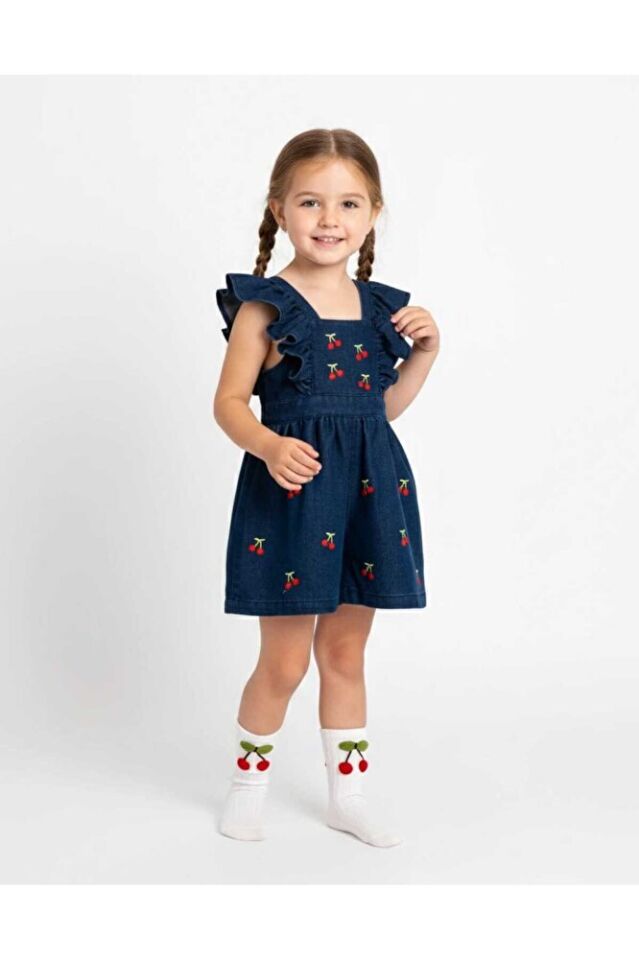 Cherry Sırtı Fiyonk Detaylı Kız Çocuk Jean Tulum