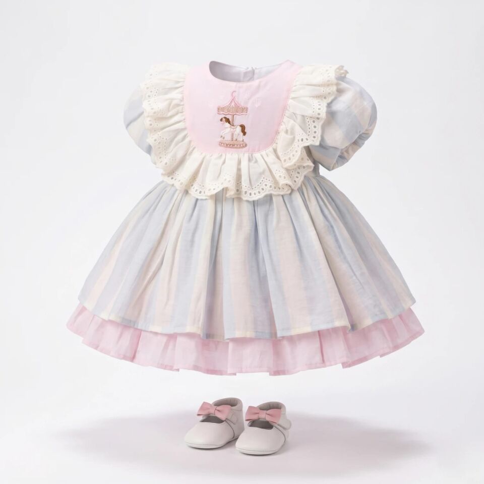 Carousel Nakış Detaylı Kız Bebek Elbise
