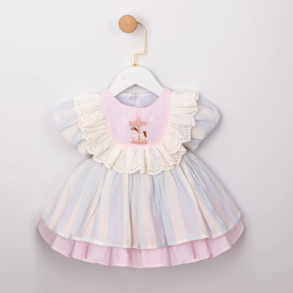 Carousel Nakış Detaylı Kız Bebek Elbise
