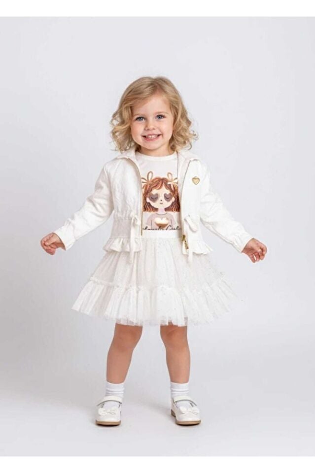 White Fashion Ceket Tütü Etek T-shirt 3'lü Kız Çocuk Takım