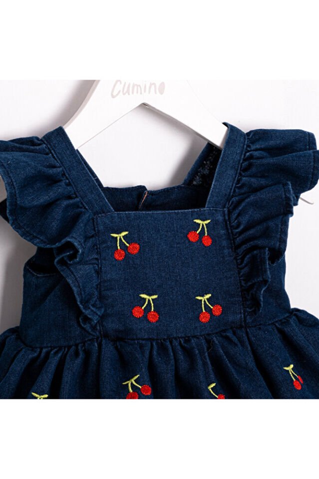 Cherry Kiraz Nakışlı Kız Bebek Kot Romper