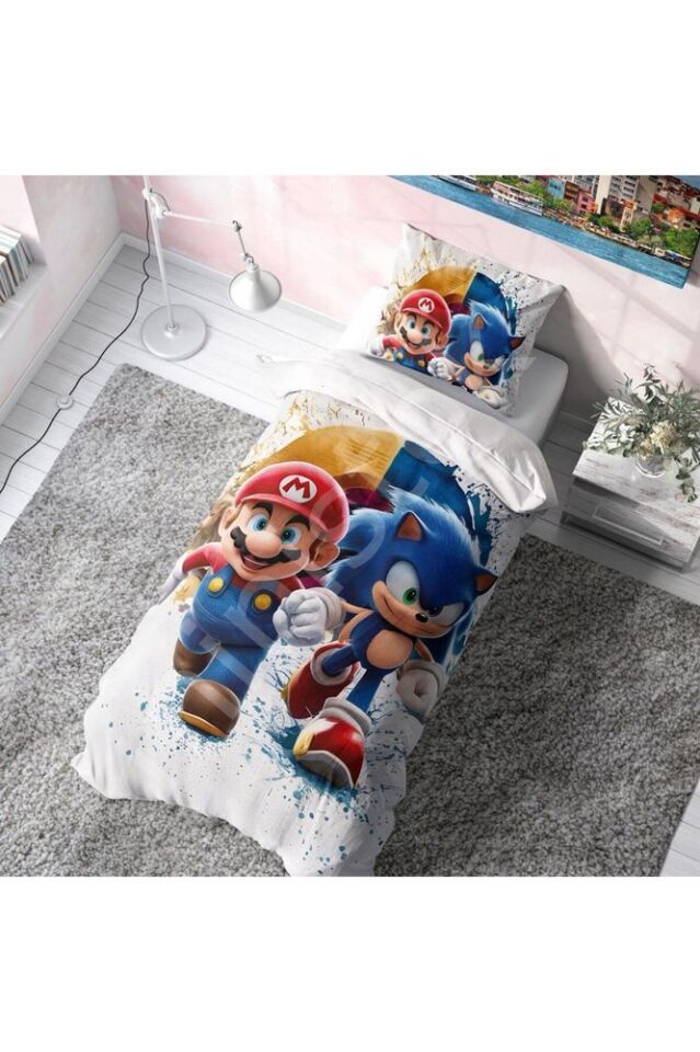Mario ve Sonic Arkadaş Yastıklı Nevresim Takımı (Çarşafsız)