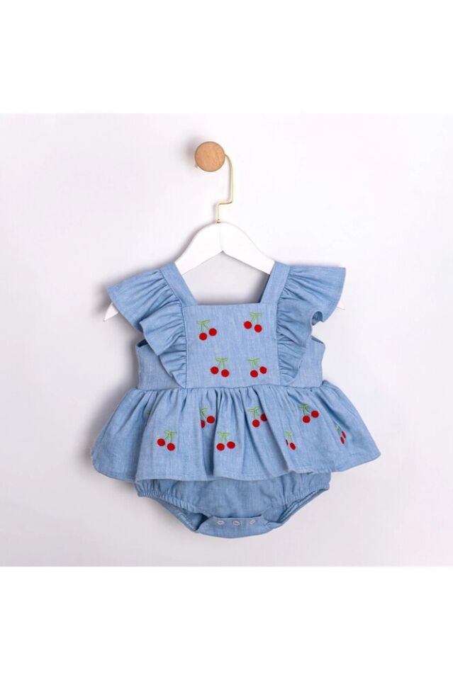 Cherry Kiraz Nakışlı Kız Bebek Açık Mavi Kot Romper