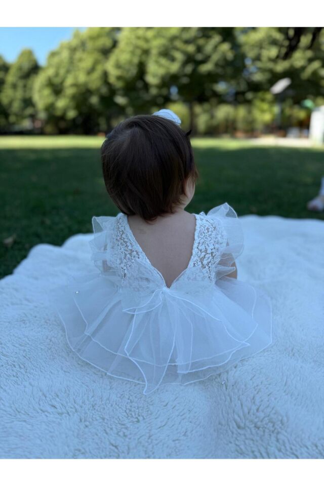Bonita Dantelli Arkası Fiyonklu Kız Bebek Romper Beyaz - 6-9 Ay