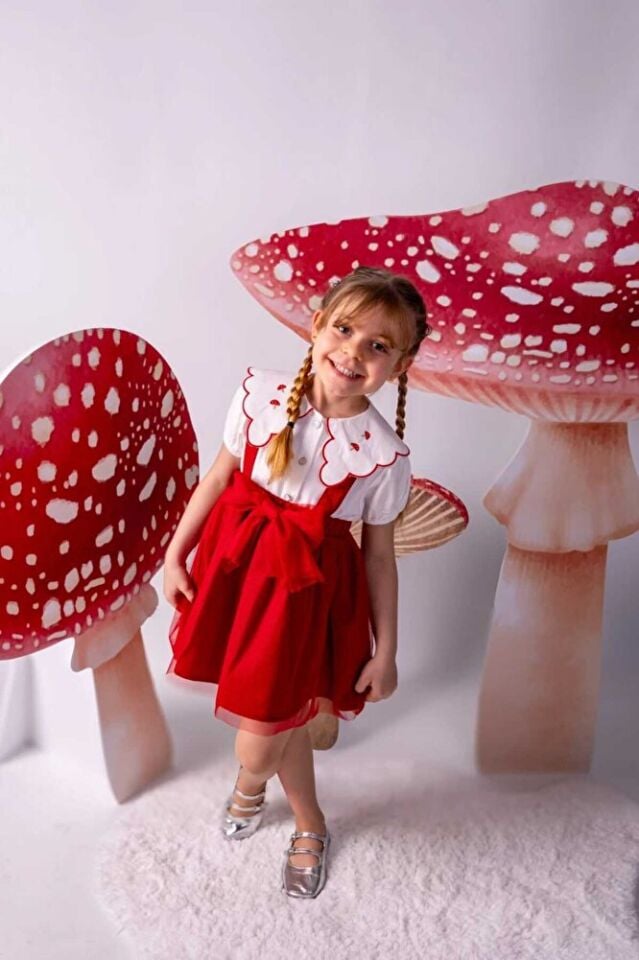 Mushroom Yakası Nakış Detaylı Askılı Tütü Etekli İkili Kız Çocuk Takım