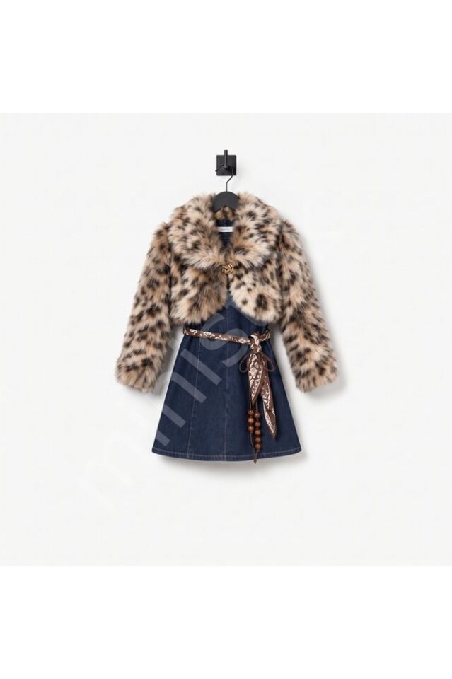 Nina Kız çocuk leopar kürklü kemerli kot denim elbise