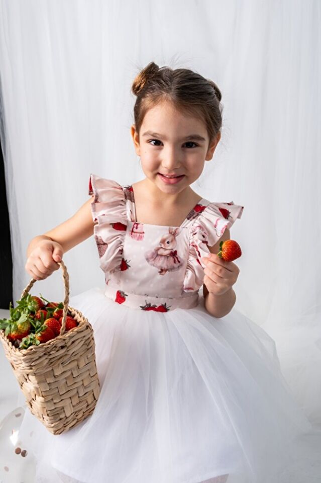 Strawberry Rabbit Tütü Etekli Sırttan Bağlamalı Kız Çocuk Elbise 3 Yaş