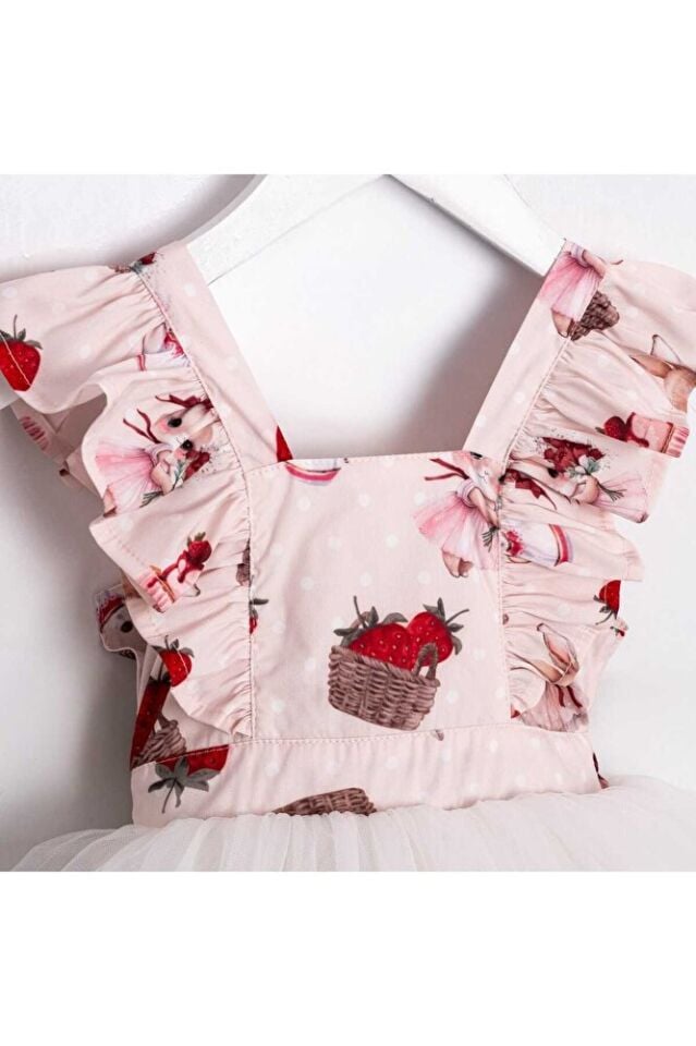 Strawberry Rabbit Tütü Etekli Sırttan Bağlamalı Kız Çocuk Elbise 4 Yaş