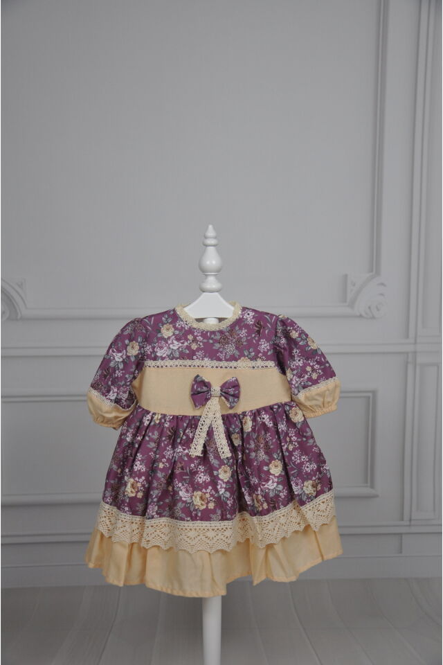 DantelliÇıtır Çiçek Desenli Vintage Elbise Vişne Kurusu - 2-3 Yaş