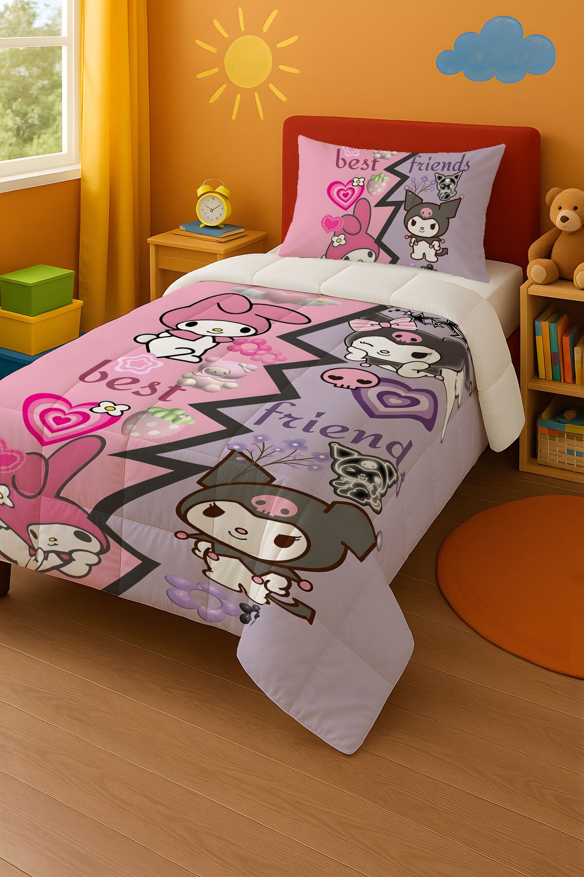 Kuromi Best Friend Temalı Tek Kişilik Yorgan ve Yastık Kılıfı Renkli