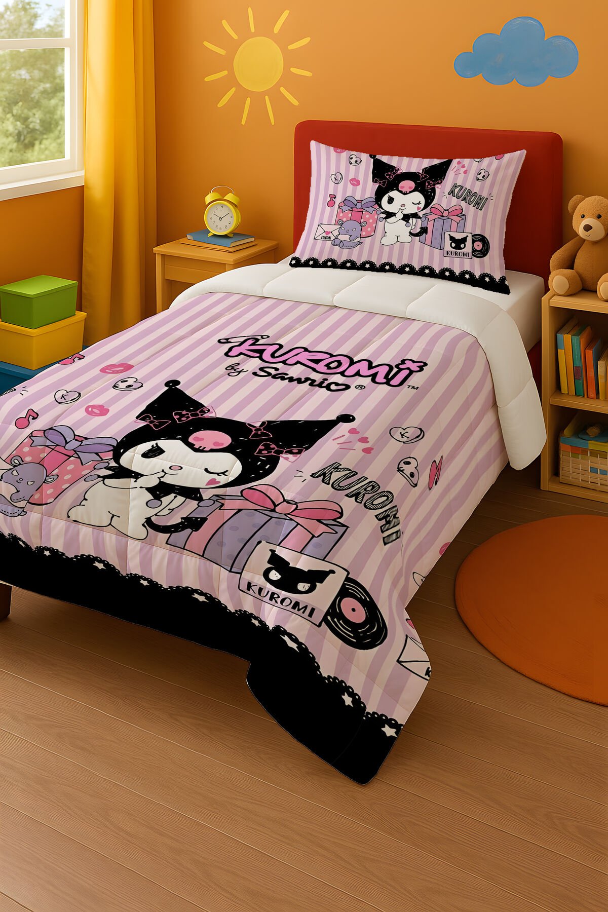 Kuromi Best Friend Temalı Tek Kişilik Yorgan ve Yastık Kılıfı Şeritli