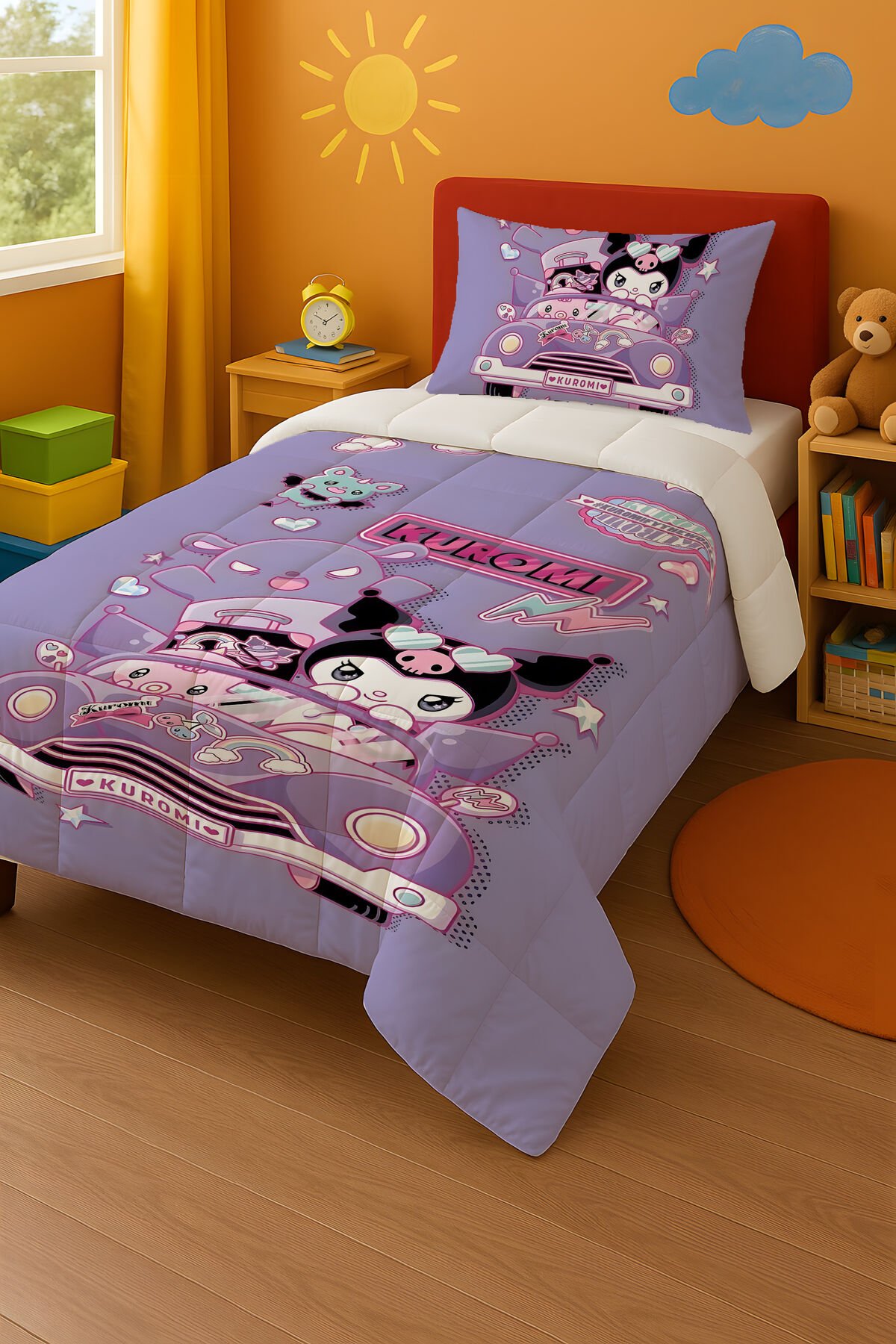 Kuromi Best Friend Temalı Tek Kişilik Yorgan ve Yastık Kılıfı Mor