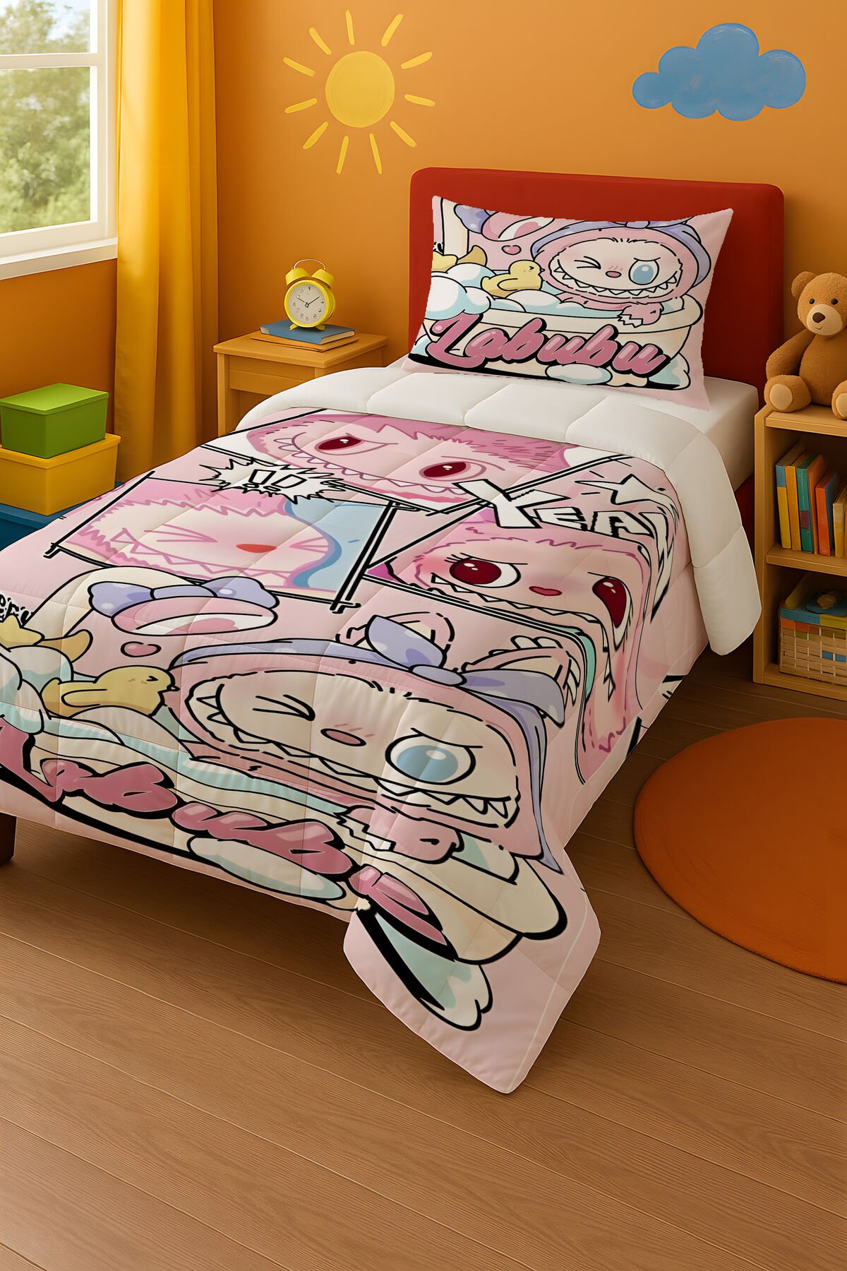 Labubu Tek Kişilik Yorgan ve Yastık Kılıfı 150x220 Karışık Pembe