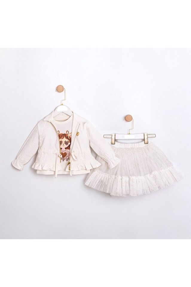 White Fashion Ceket Tütü Etek T-shirt 3'lü Kız Çocuk Takım 3 Yaş