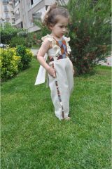 Patchwork Fırfır Kollu Arkadan Bağlamalı Kız Çocuk Tulum Bej - 4 Yaş