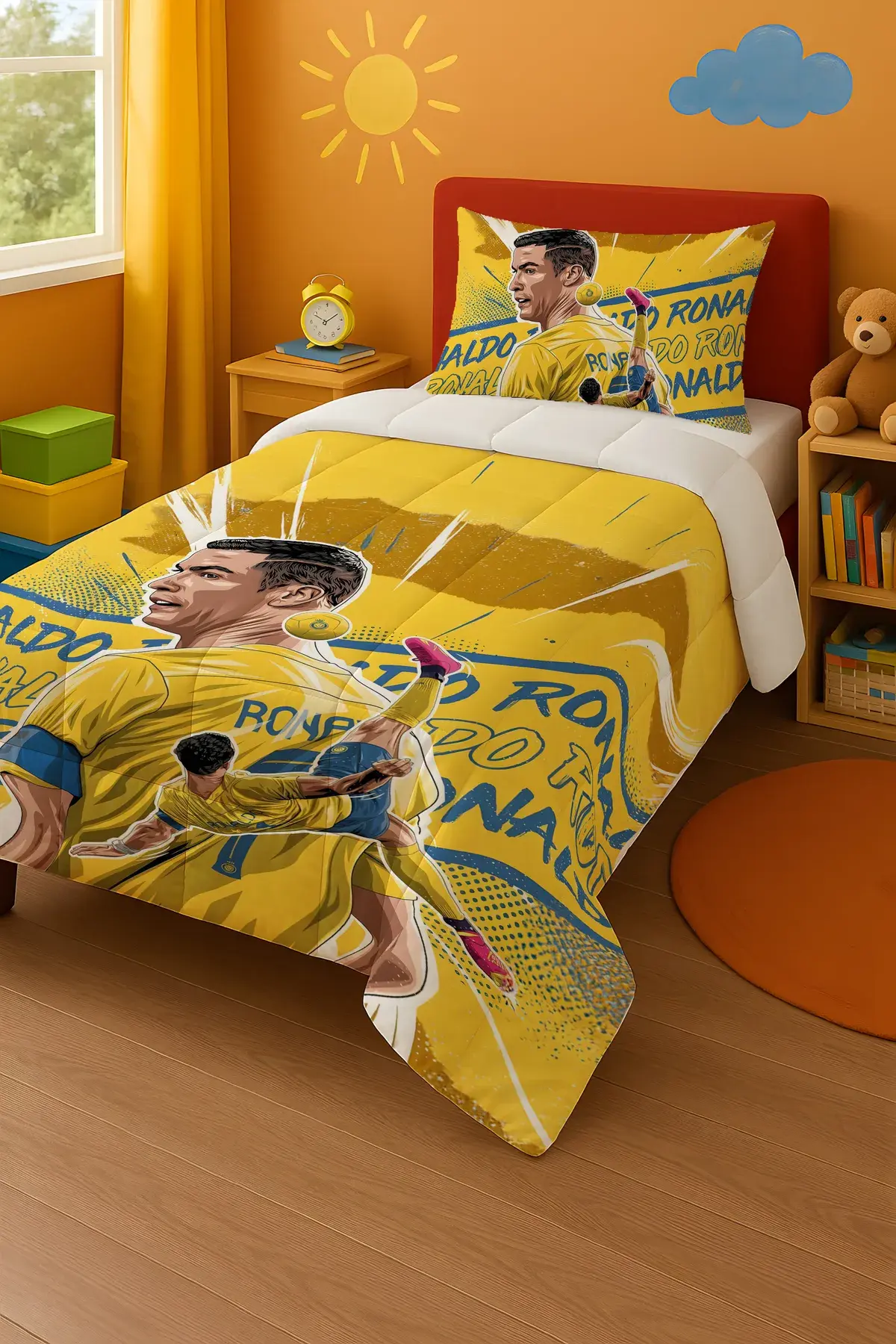 CR7 Cristiano Ronaldo Temalı Tek Kişilik Yorgan ve Yastık Kılıfı Sarı