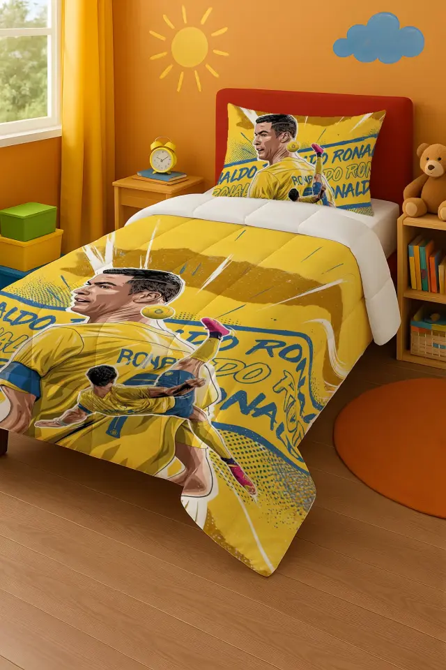 CR7 Cristiano Ronaldo Temalı Tek Kişilik Yorgan ve Yastık Kılıfı Sarı