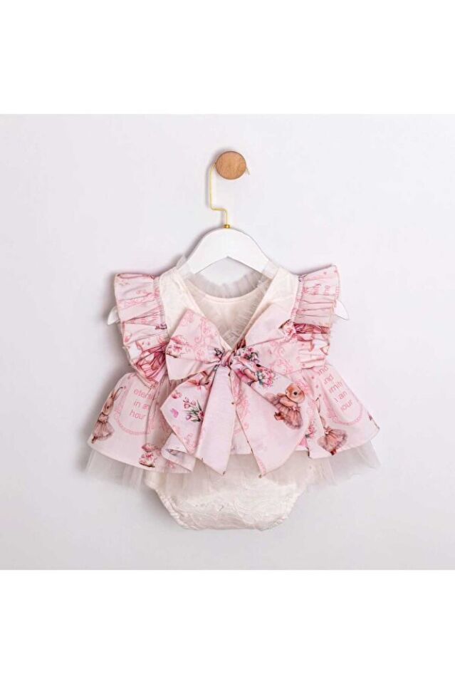 Rabbit Arkası Fiyonklu Desenli Kız Bebek Romper 6-9 Ay