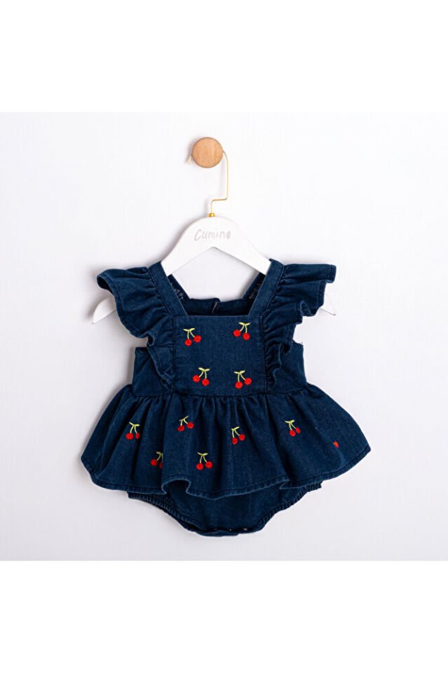 Cherry Kiraz Nakışlı Kız Bebek Kot Romper 12-18 Ay