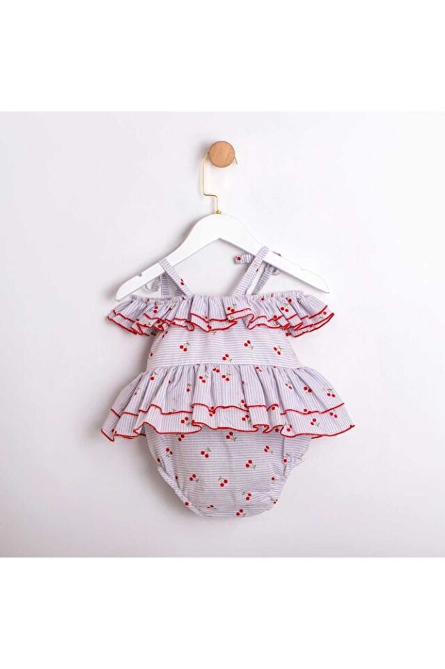 Cherry Askılı Kız Bebek Fırfırlı Tulum 6-9 Ay