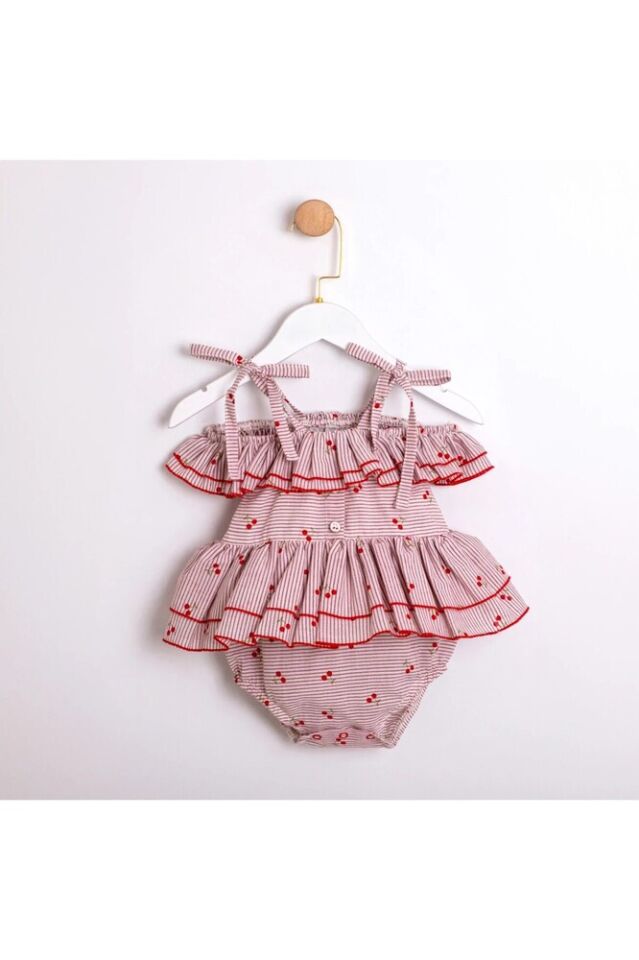 Cherry Askılı Kız Bebek Fırfırlı Tulum 6-9 Ay