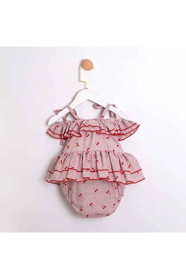 Cherry Askılı Kız Bebek Fırfırlı Tulum 6-9 Ay