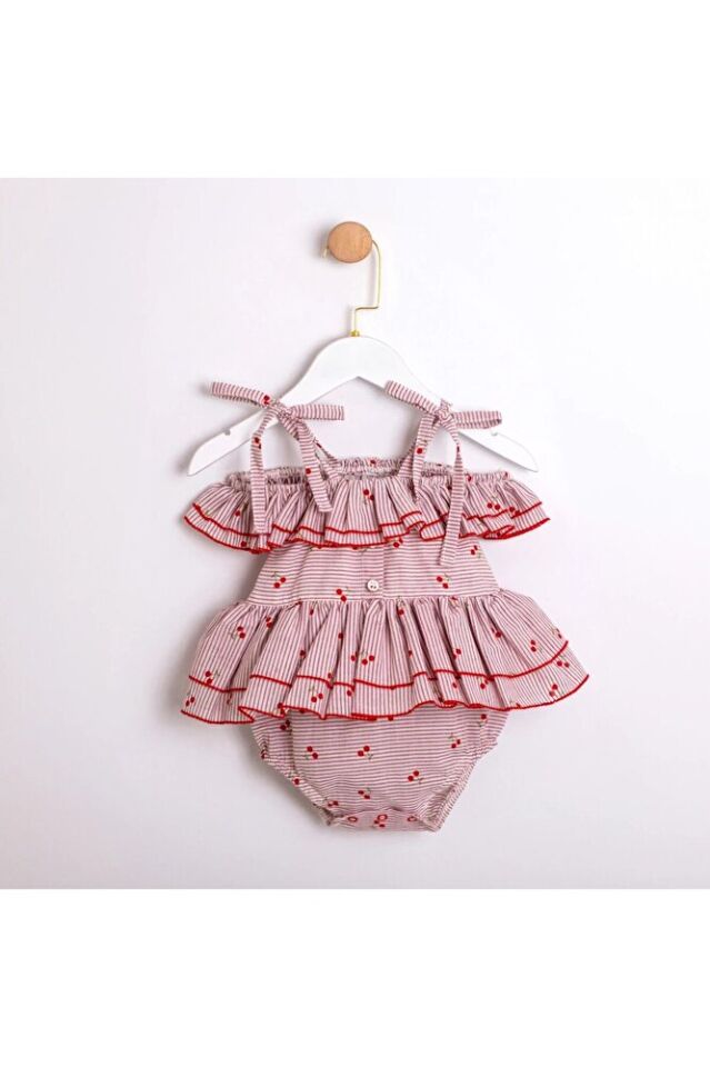 Cherry Askılı Kız Bebek Fırfırlı Tulum 3-6 Ay