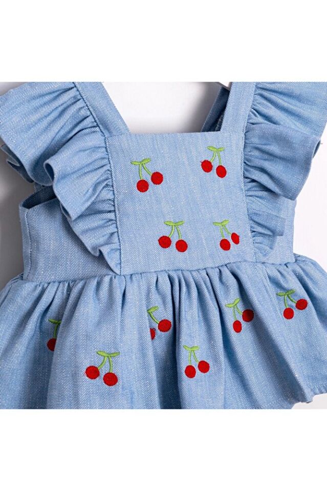 Cherry Kiraz Nakışlı Kız Bebek Açık Mavi Kot Romper 12-18 Ay