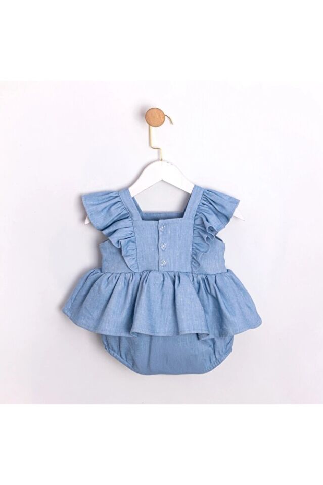 Cherry Kiraz Nakışlı Kız Bebek Açık Mavi Kot Romper 6-9 Ay