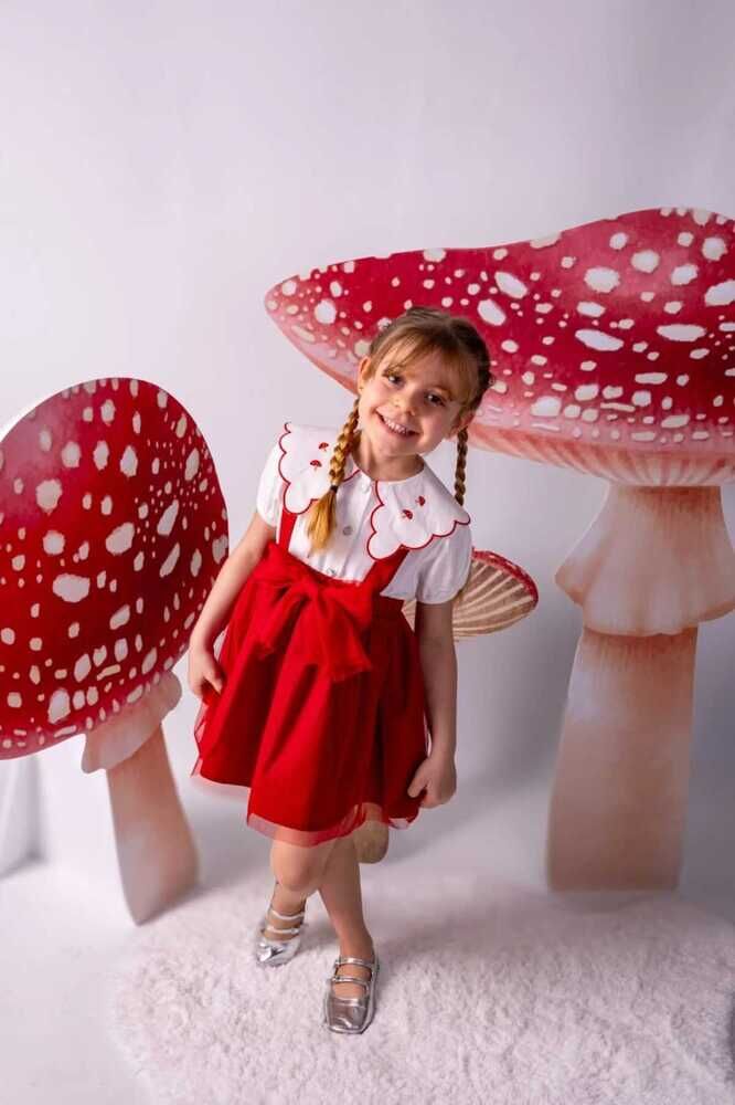 Mushroom Yakası Nakış Detaylı Askılı Tütü Etekli İkili Kız Çocuk Takım 2 Yaş