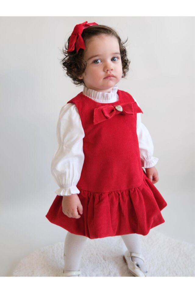 Tina Kırmızı Fitilli Kadife Balon Etekl Bebek Elbise ve Blüzlü Takım