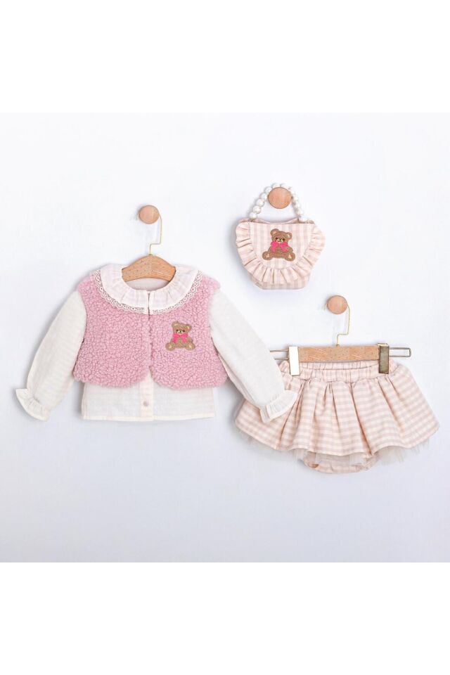 Amaris Yelek Blüz ve Etekli Çanta Aksesuarlı Üçlü Kız Bebek Takım