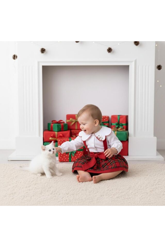 Sweet Rabbit Yakası Nakış Detaylı Ekoseli Kız Bebek Salopet Takım