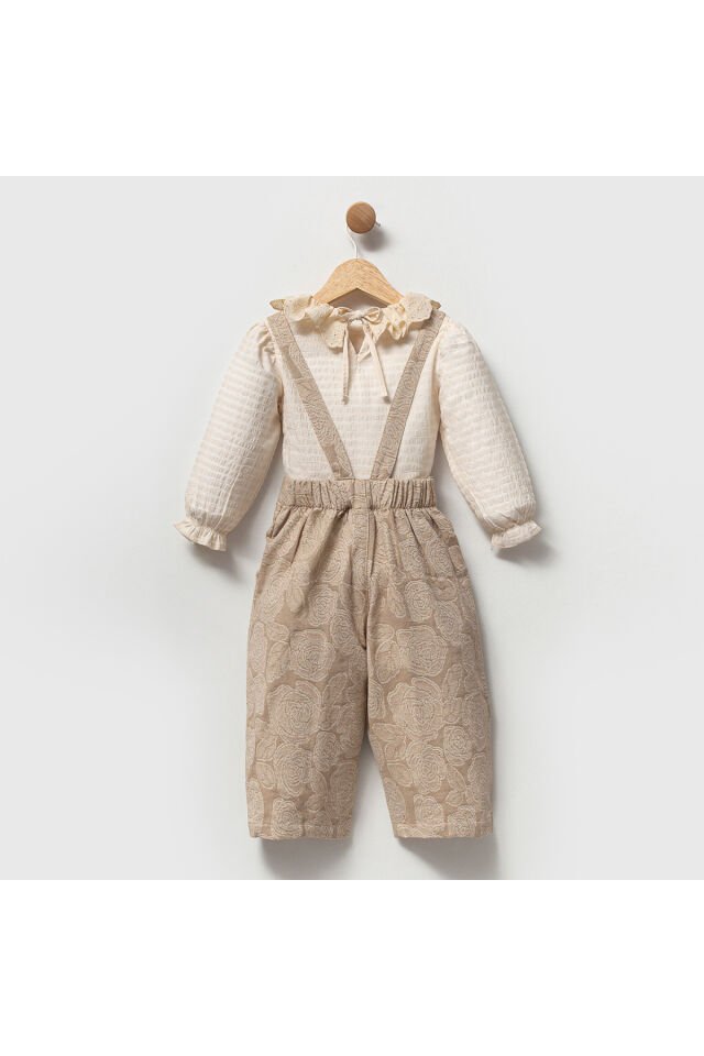 Jany Kız Çocuk Önü Kalpli Çiçek Desenli Uzun Paçalı Salopet Takım - Dantel Yakalı Bluzlu Şık Tulum