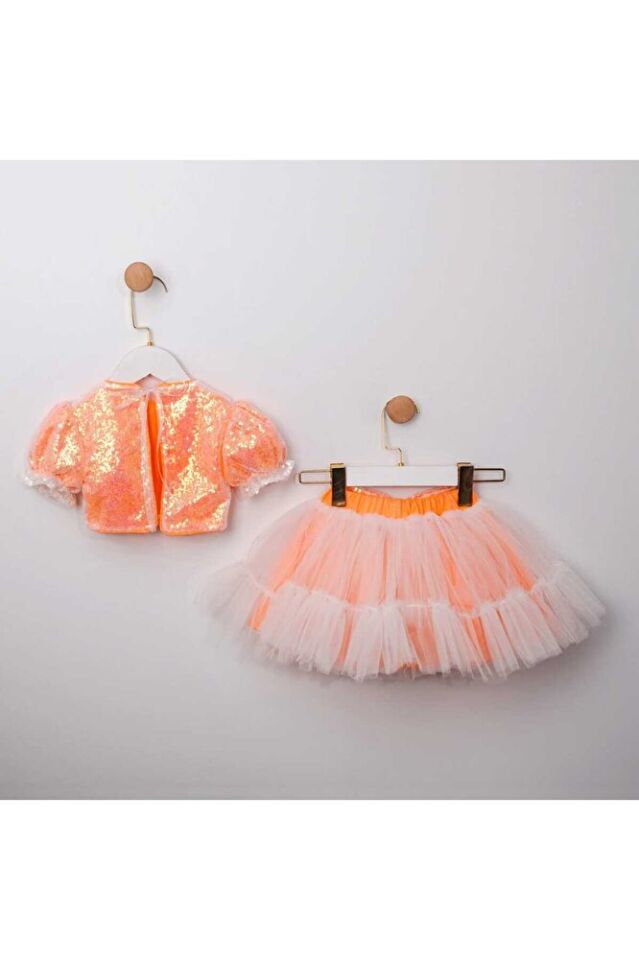 Mirella Payetli Crop Ve Tütü Etekli İkili Kız Çocuk Takım Neon Oranj - 4 Yaş