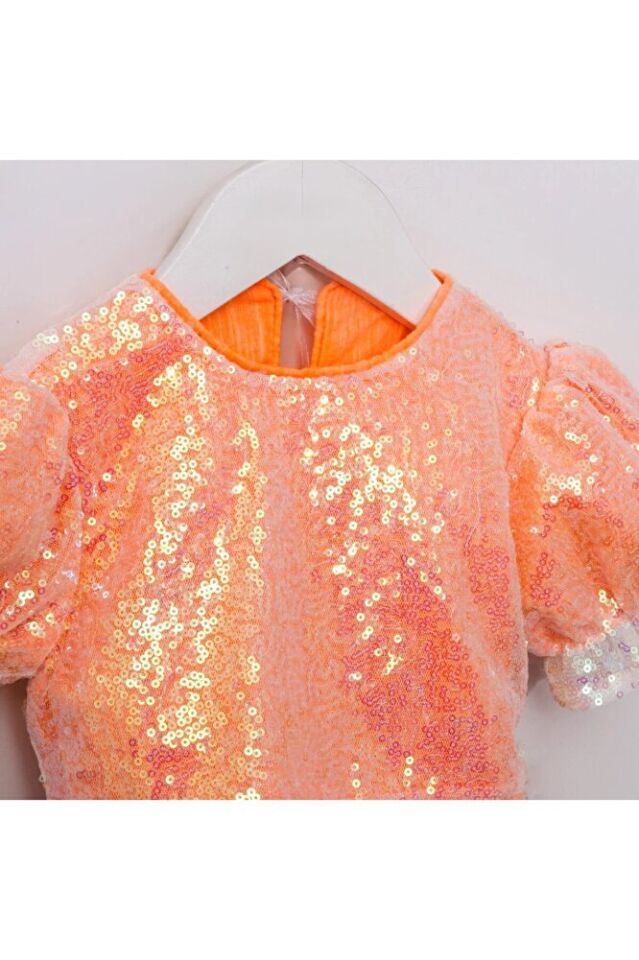 Mirella Payetli Crop Ve Tütü Etekli İkili Kız Çocuk Takım Neon Oranj - 4 Yaş