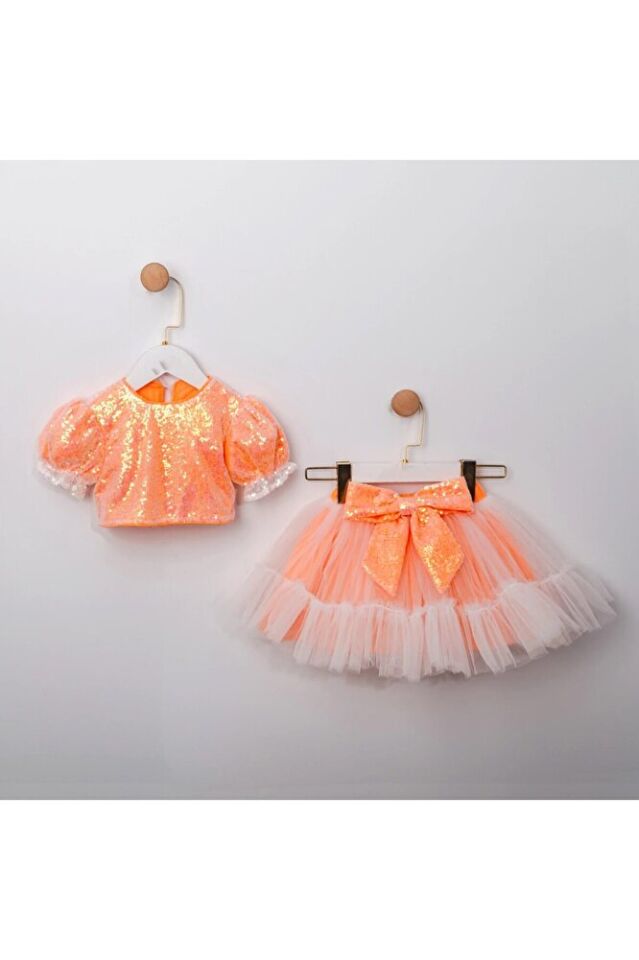 Mirella Payetli Crop Ve Tütü Etekli İkili Kız Çocuk Takım Neon Oranj - 3 Yaş
