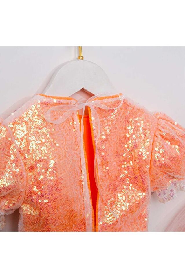 Mirella Payetli Crop Ve Tütü Etekli İkili Kız Çocuk Takım Neon Oranj - 3 Yaş