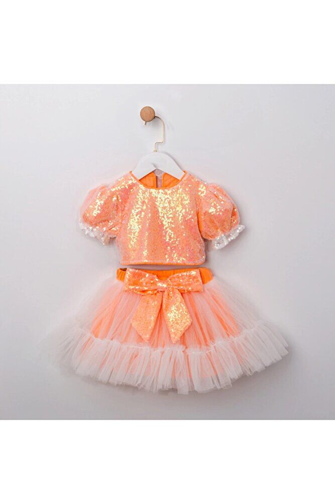 Mirella Payetli Crop Ve Tütü Etekli İkili Kız Çocuk Takım Neon Oranj - 5 Yaş
