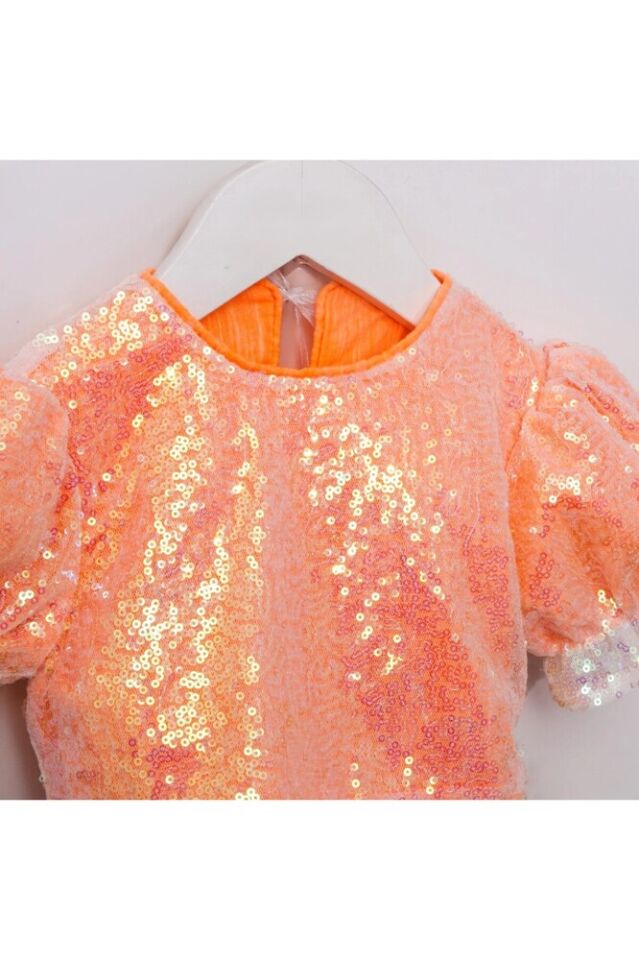 Mirella Payetli Crop Ve Tütü Etekli İkili Kız Çocuk Takım Neon Oranj - 5 Yaş
