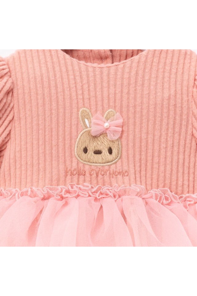 Pink Rabbit Tokalı Kız Bebek Elbise Pembe - 6-9 Ay
