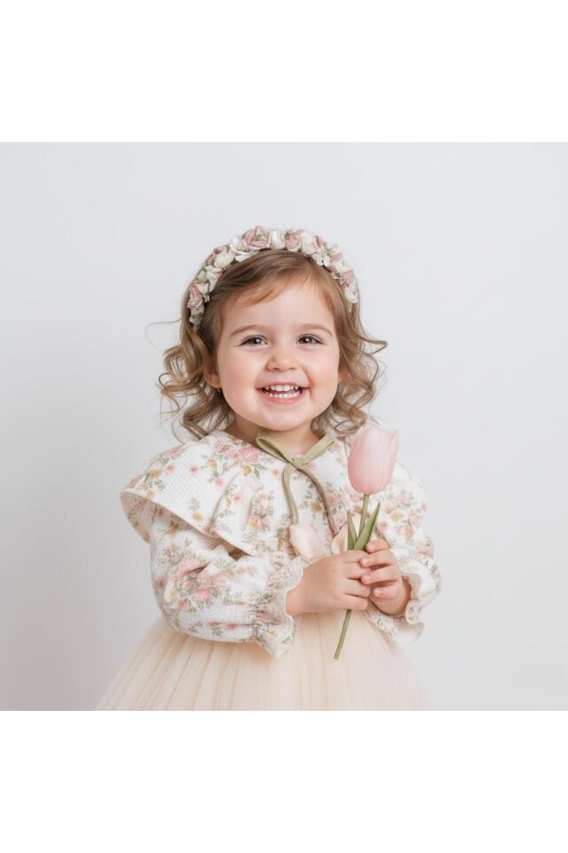 Flora Çiçek Desenli Tül Etekli Uzun Kollu Bebek Elbisesi