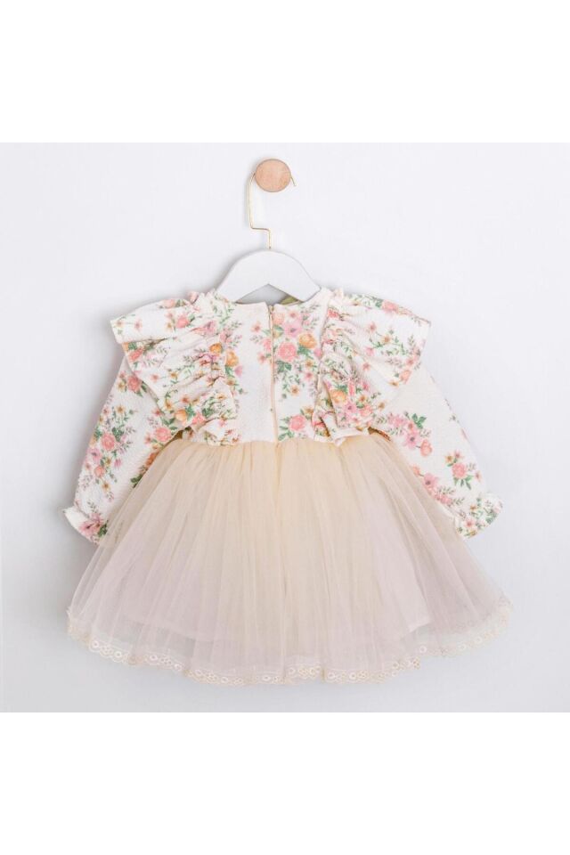 Flora Çiçek Desenli Tül Etekli Uzun Kollu Bebek Elbisesi