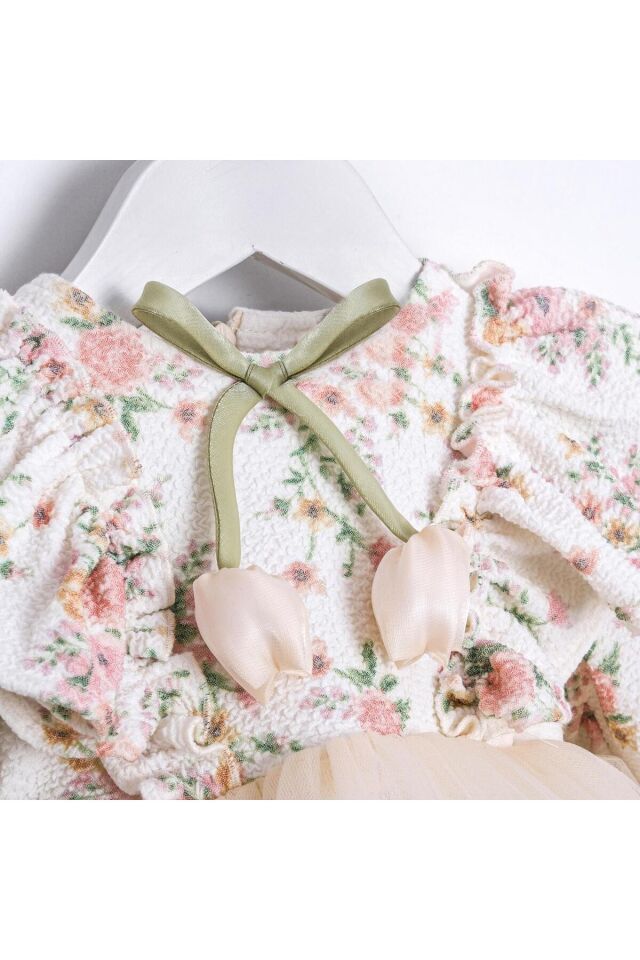 Flora Çiçek Desenli Tül Etekli Uzun Kollu Bebek Elbisesi
