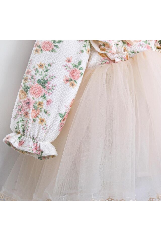 Flora Çiçek Desenli Tül Etekli Uzun Kollu Bebek Elbisesi