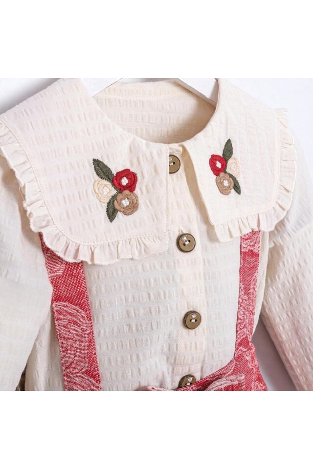 Matilda Yakası Nakışlı Kız Çocuk Gömlek Tulum Takım