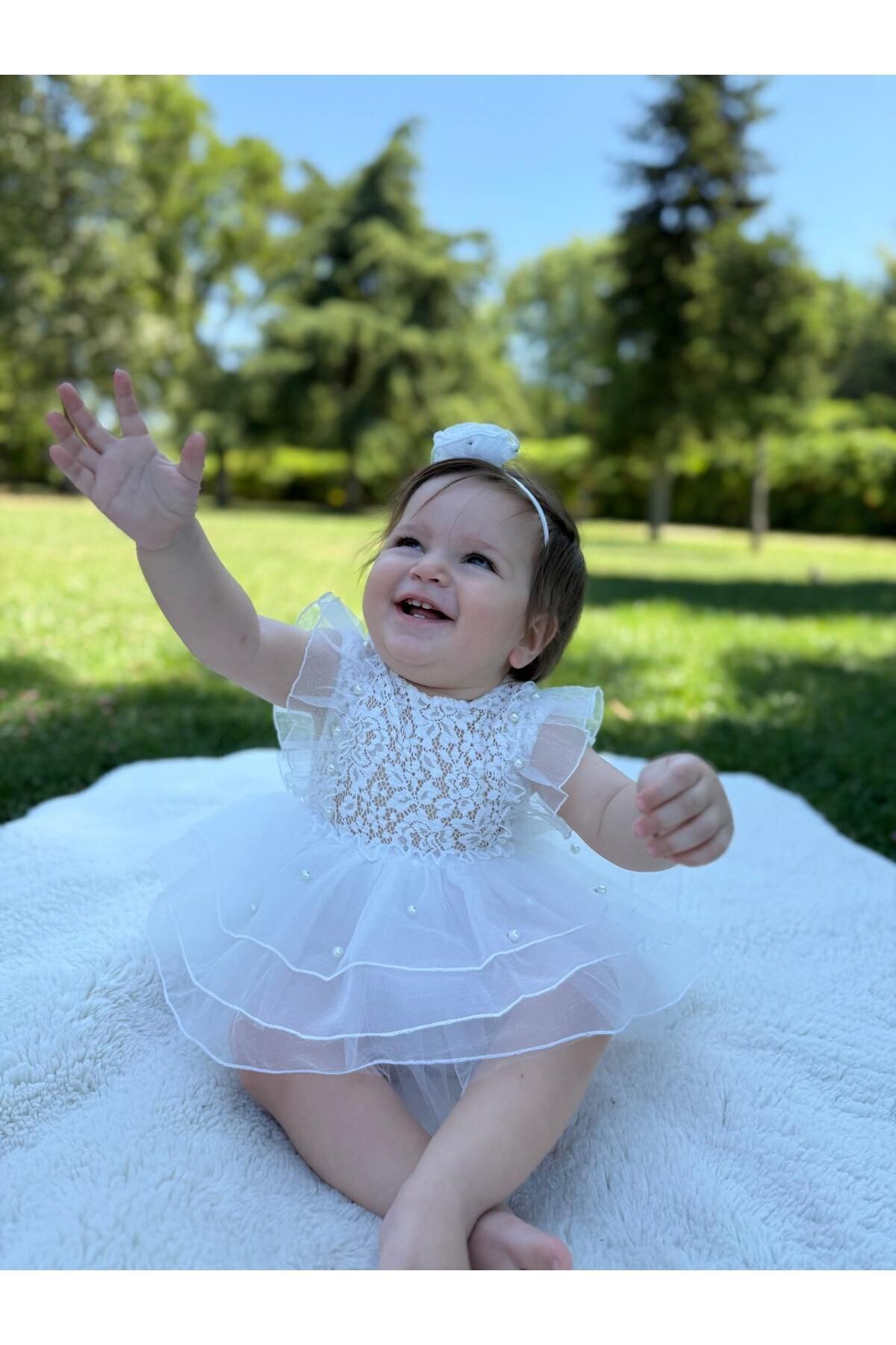 Bonita Dantelli Arkası Fiyonklu Kız Bebek Romper Beyaz - 3-6 Ay
